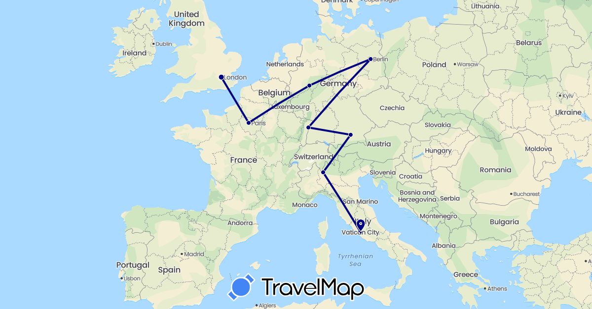 TravelMap itinerary: driving in Germany, France, United Kingdom, Italy (Europe)